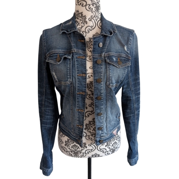 Guess Jean Jacket Vintage Y2K Mid Blue Distressed Flap Pockets Women's Small - Picture 4 of 15